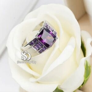 Genuine 0.925 Sterling Silver Amethyst Ring Exquisite Princess Cut Luxury